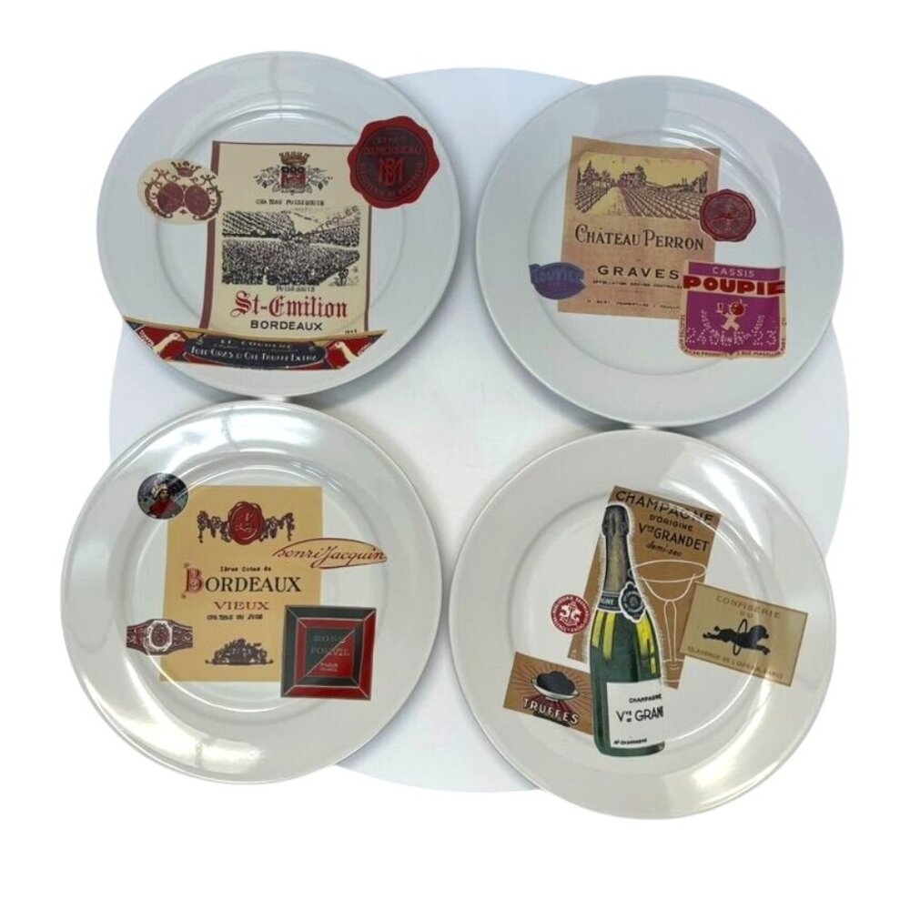 Set of 4 Romaine 8" Ceramic Dessert Plates French Wine Label Design in Box